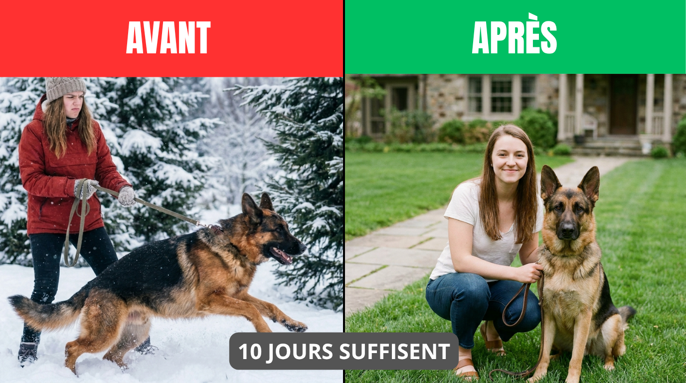 Avant / Après méthode 10 jours : chien qui tirait en laisse, puis chien calme assis