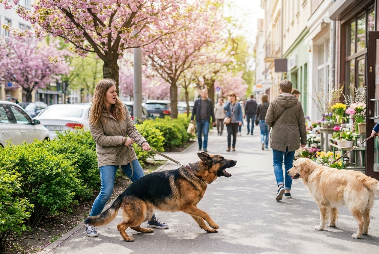 Chien qui réagit fortement à un autre chien en promenade, illustrant le cycle du stress