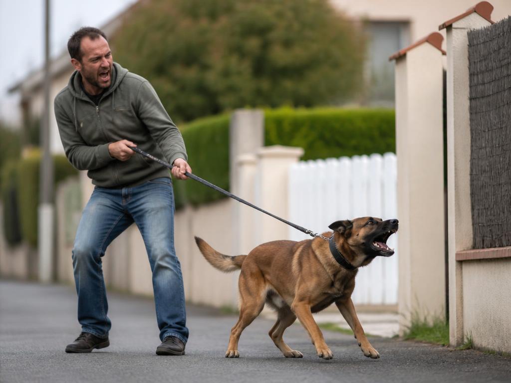 Propriétaire frustré haussant le ton et tirant sur la laisse de son chien