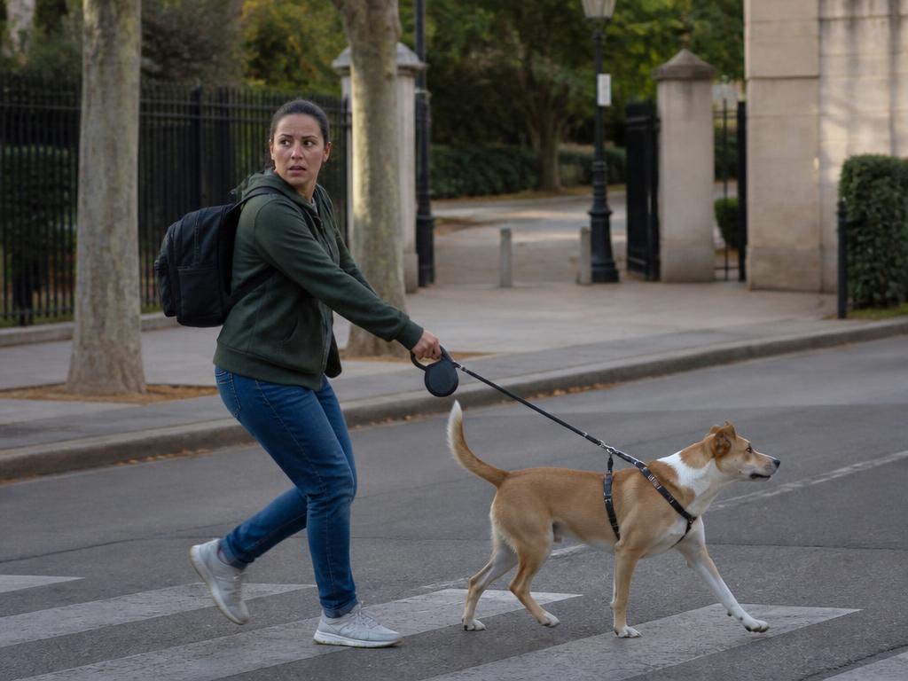 Propriétaire seul avec son chien dans une rue déserte à l'aube