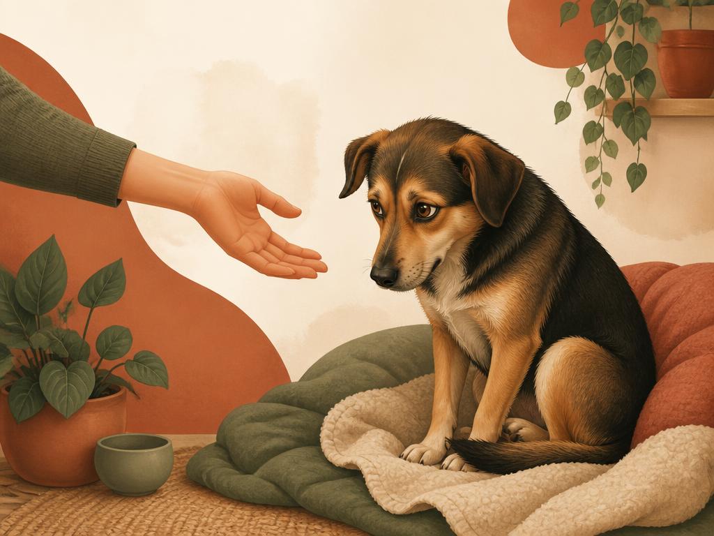 Chien craintif avec une main bienveillante qui l'approche