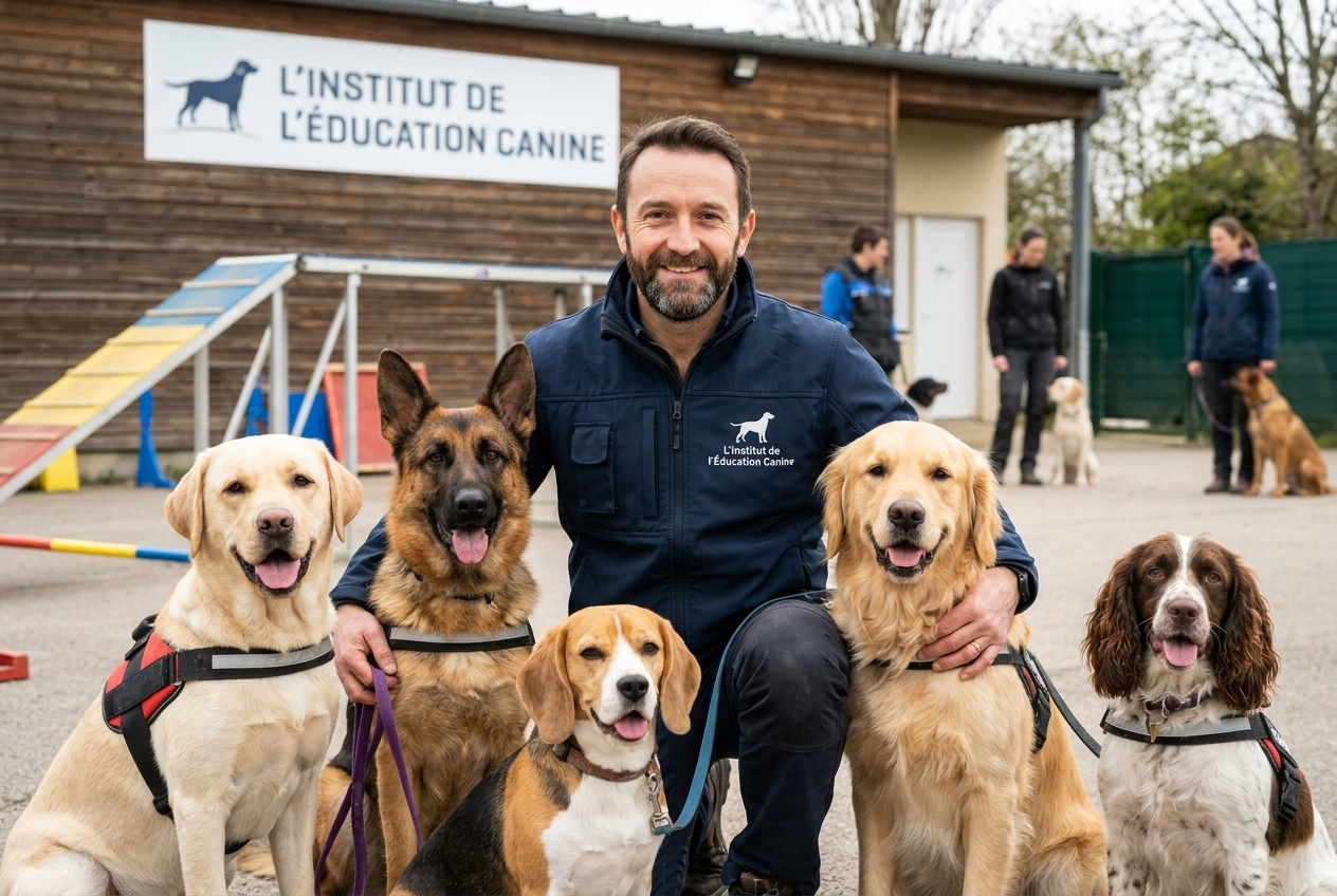 Jean Delvit devant l'Institut de l'Éducation Canine, entouré de cinq chiens de son école