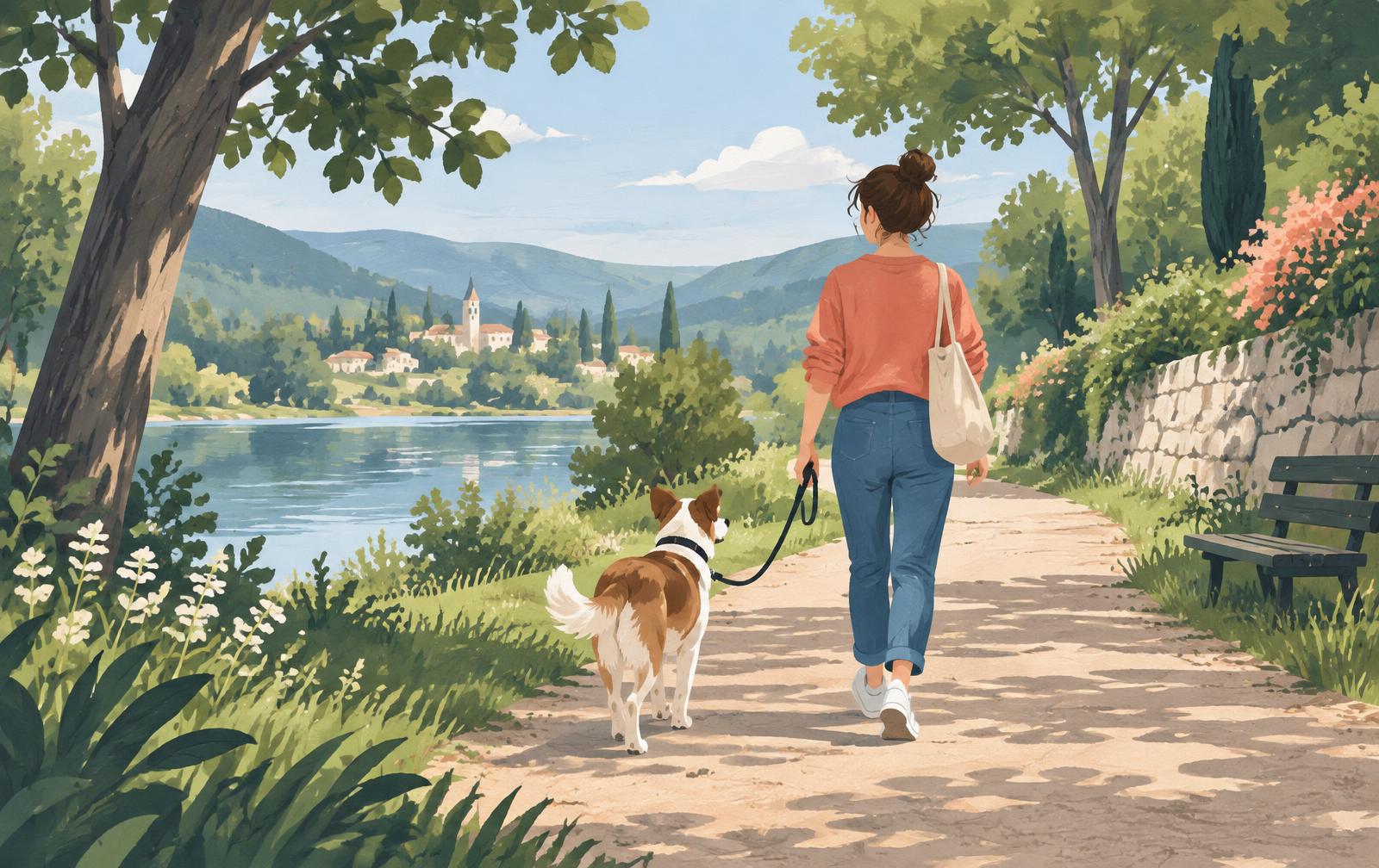 Promenade calme avec un chien tenu en laisse